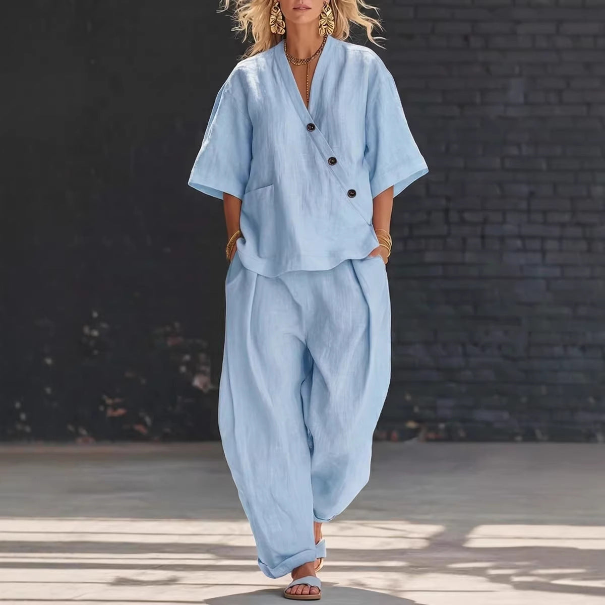 V-Neck Short Sleeve Top & High-Waist Trousers Two-Piece Set