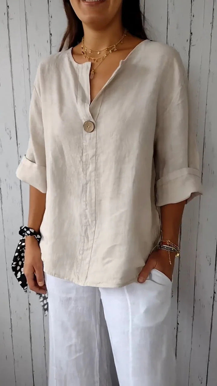 Women's V-Neck Long-Sleeve Button Top – Loose Fit Casual Blouse