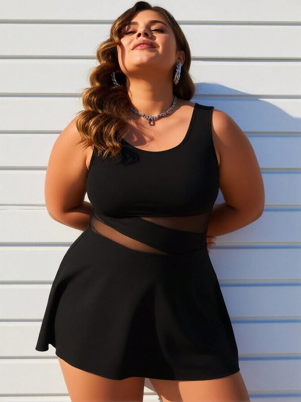Women's Plus Size Swimdress — Black Mesh Cutout Waist & Flared Skirt