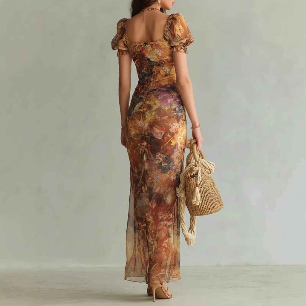 V-Neck Waist-Cinched Ruffle Hem Maxi Dress – Bodycon Long Dress in Orange
