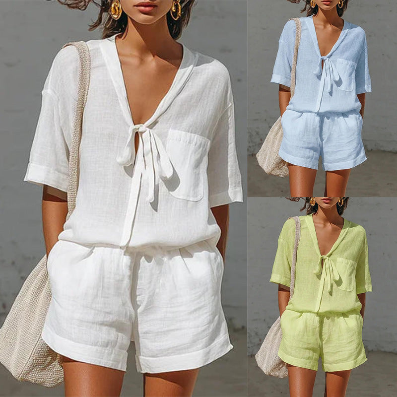 Women's Lace-Up Short-Sleeve Shirt & Loose Shorts Set – Casual Summer Co-Ord