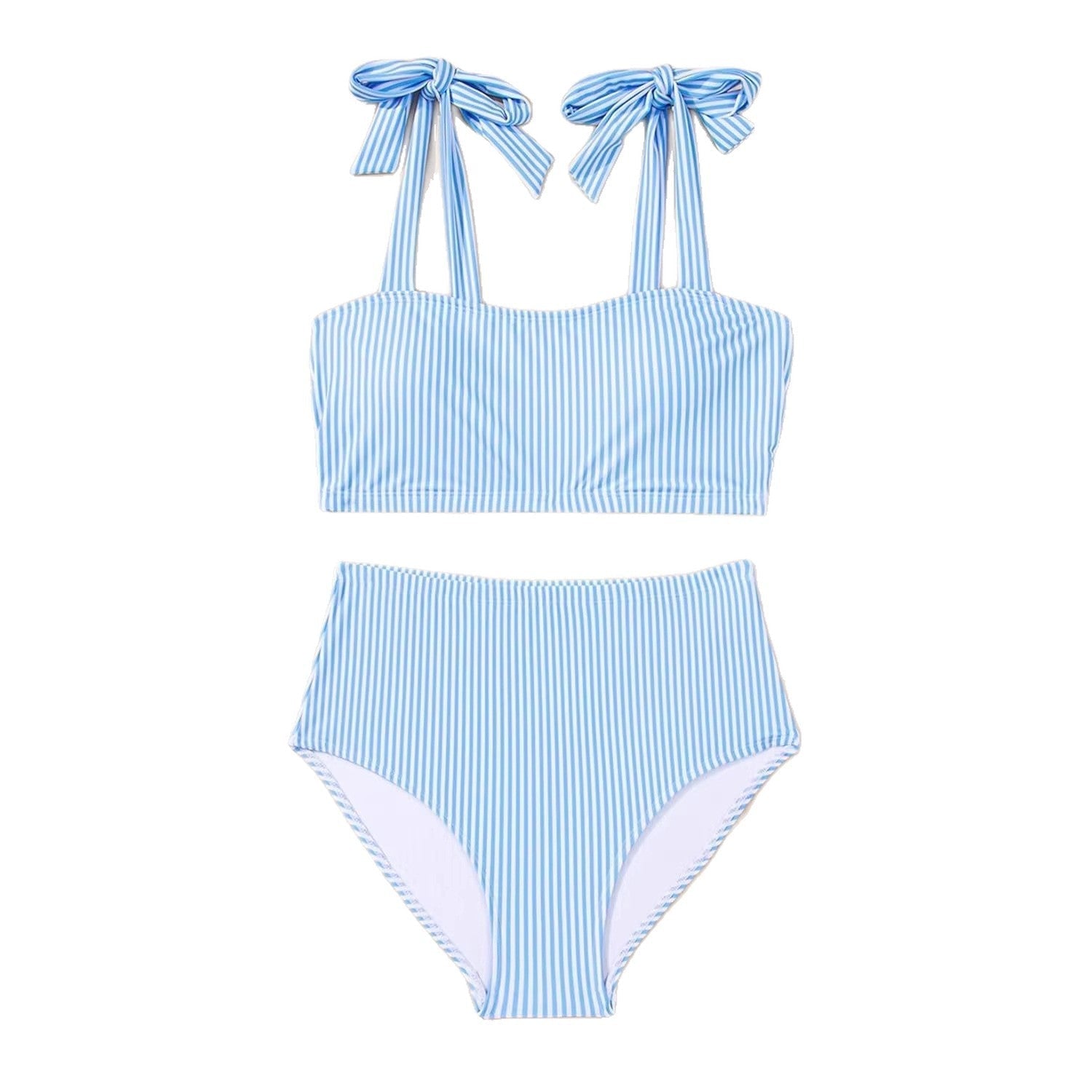 Tie-Shoulder Striped High-Waisted Bikini Set – Two-Piece Swimsuit for Women