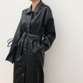 Women's Long PU Leather Jacket | Polo Collar Lace Detail Coat