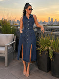 Women's Retro Washed Denim Midi Dress – Sleeveless Collared Button-Front with Slits & Pockets
