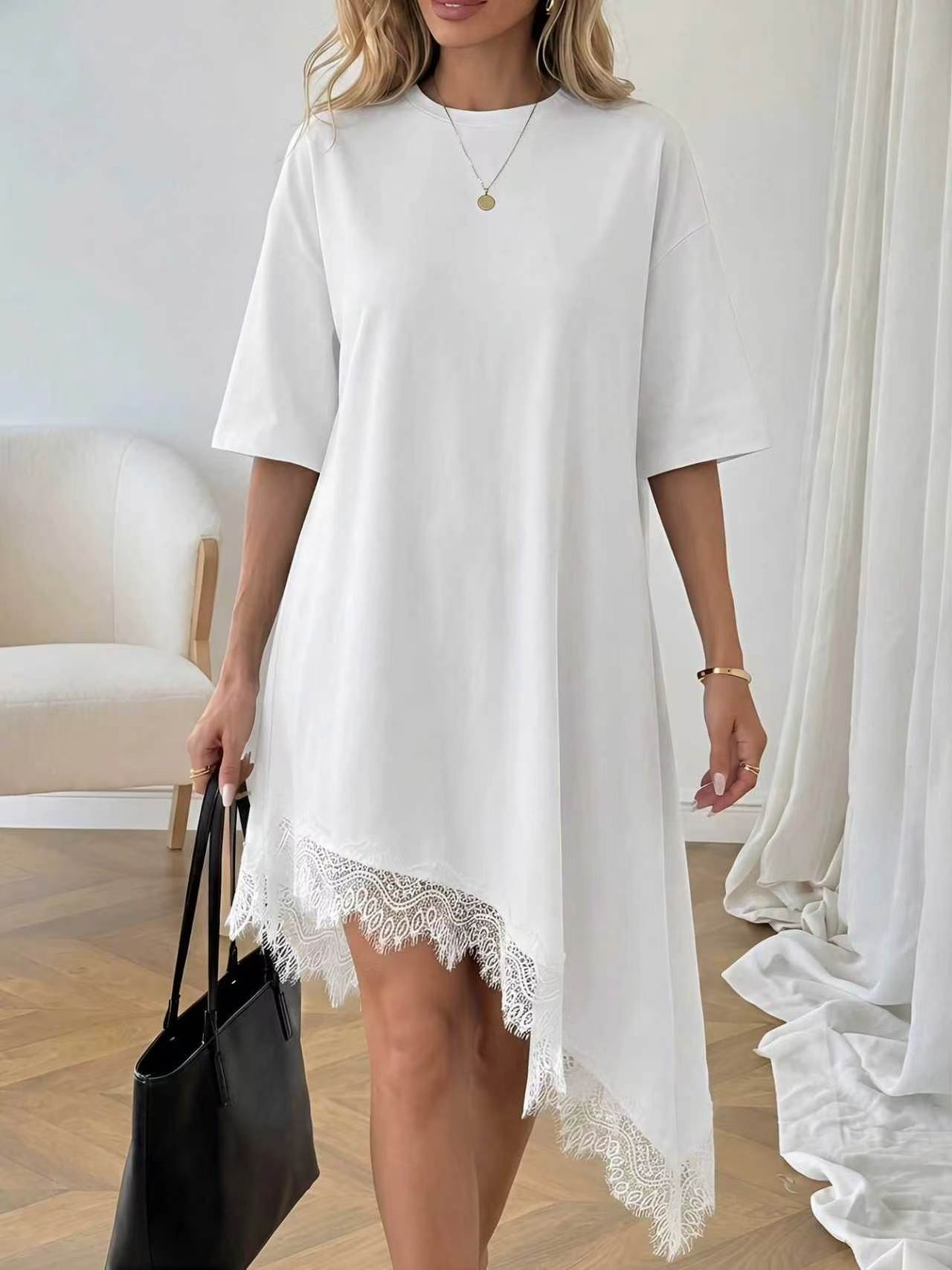 Women's Lace Trim Asymmetric Three-Quarter Sleeve Dress