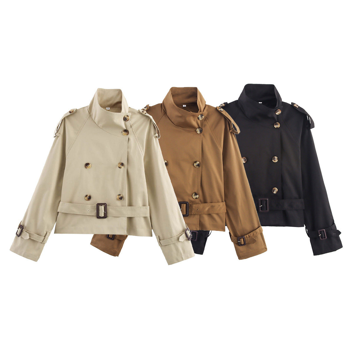 Women's Notch-Collar Short Trench Coat with Belt Buckle Detail