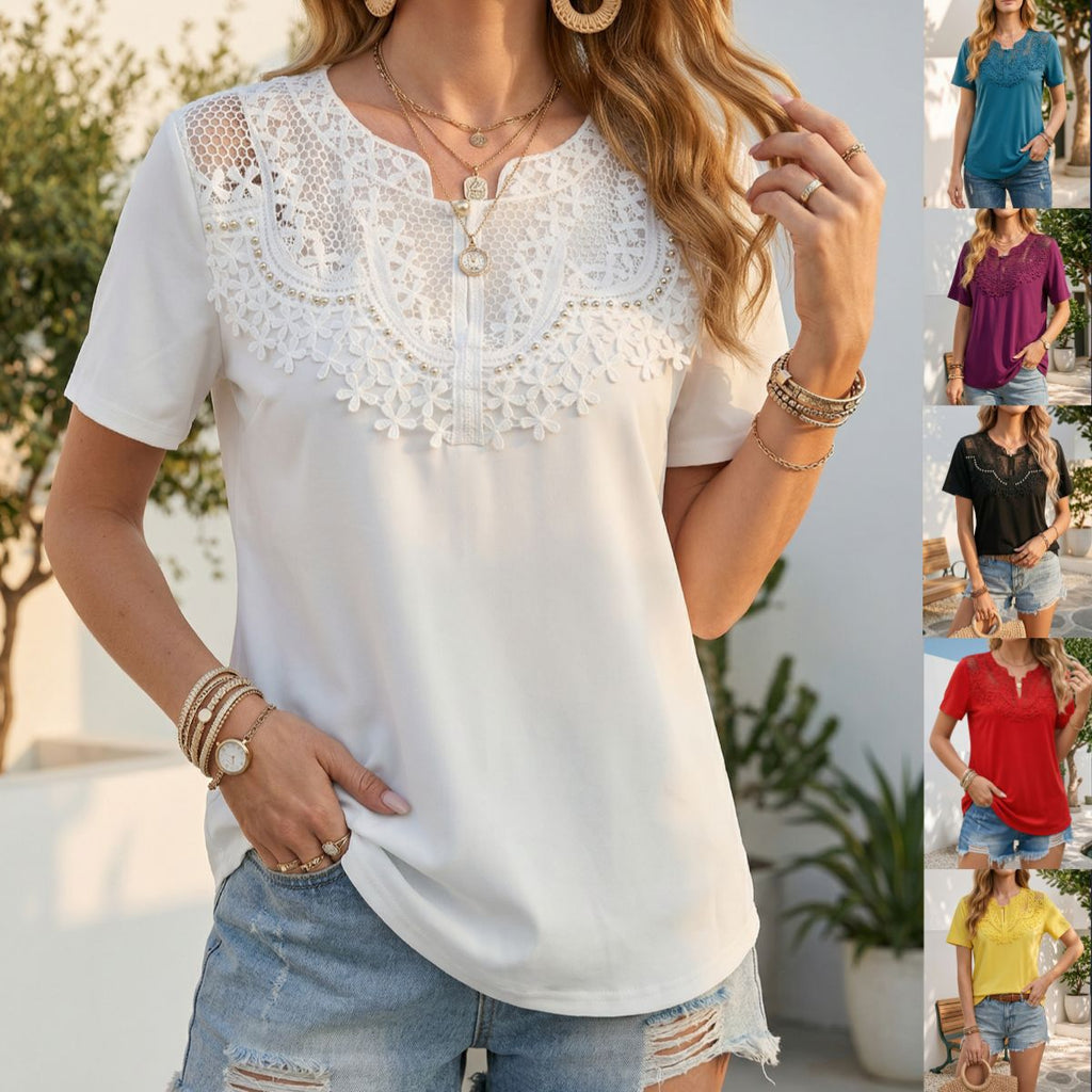 Women's Pearl-Trim Hollow-Out T-Shirt – Loose Fit, Short Sleeve, Casual Chic