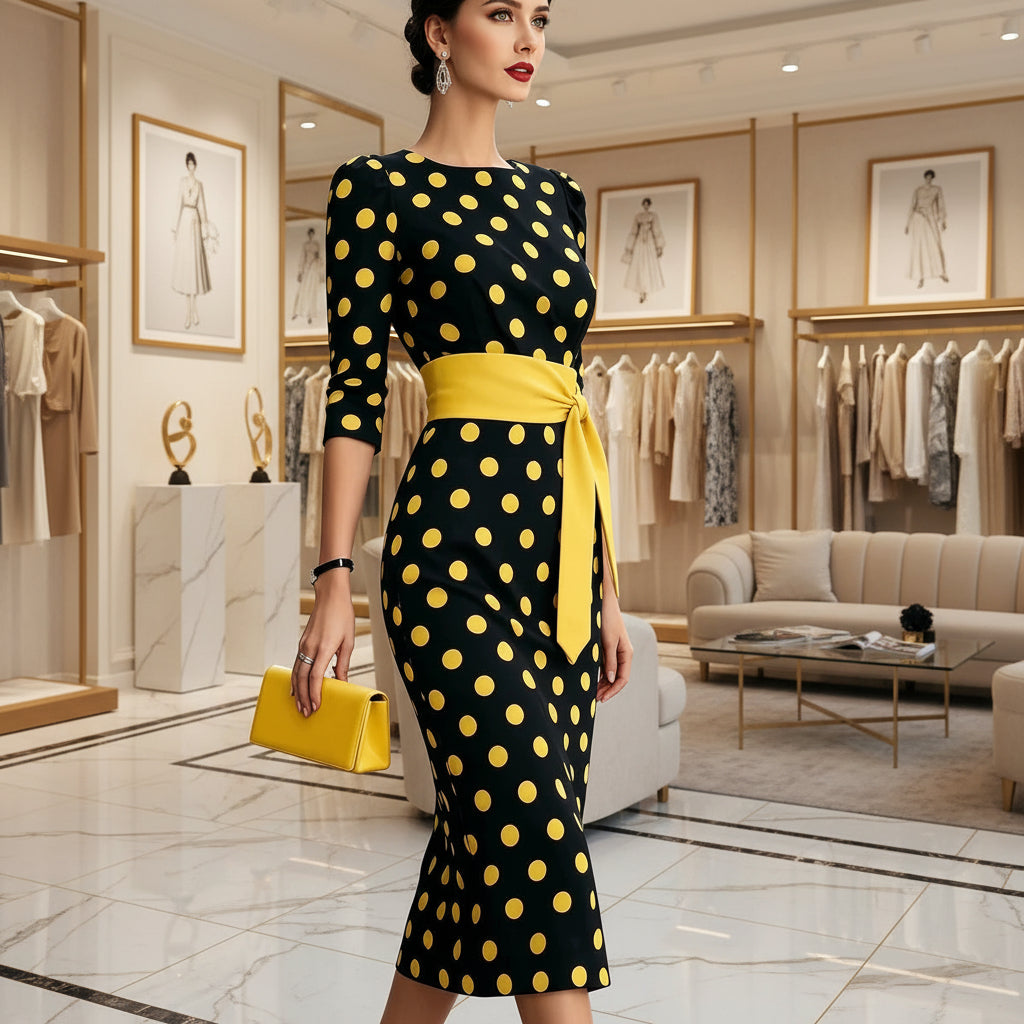 Women's Retro Polka-Dot Bodycon Midi Dress – Belted Cross-Tie