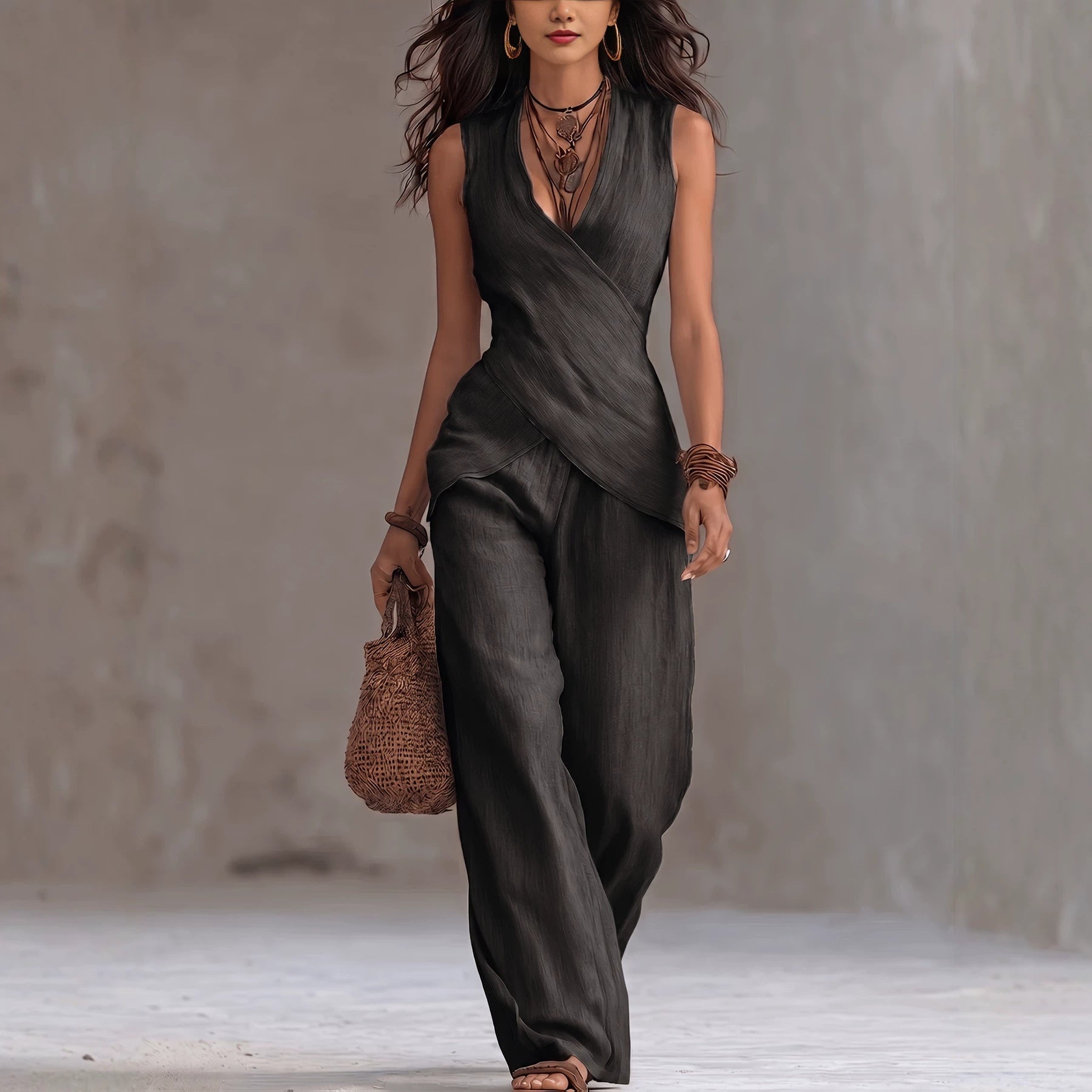 V-Neck Sleeveless Waist-Cinched Top & Wide Leg Pants Two-Piece Set