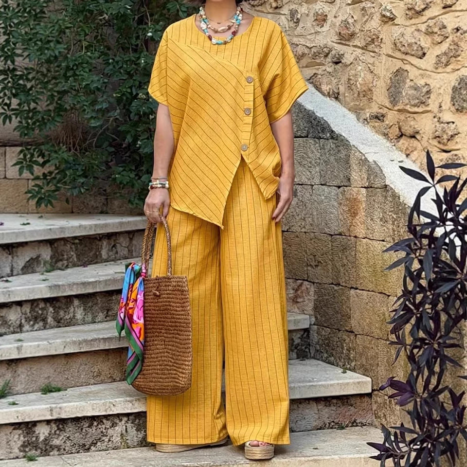 Striped Shirt & Loose Pants Set – Three-Quarter Sleeve Two-Piece