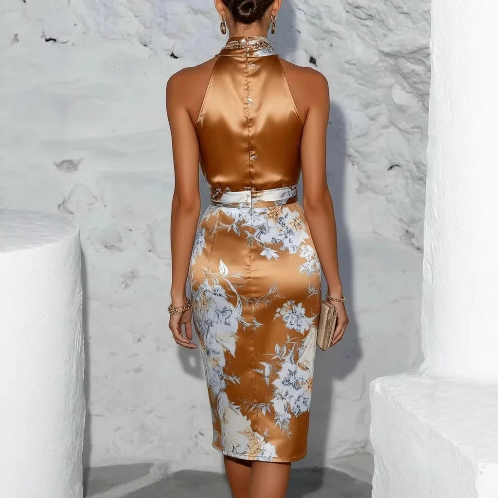 Women's Elegant Chiffon Print Halter Neck Dress — Formal Evening Gown