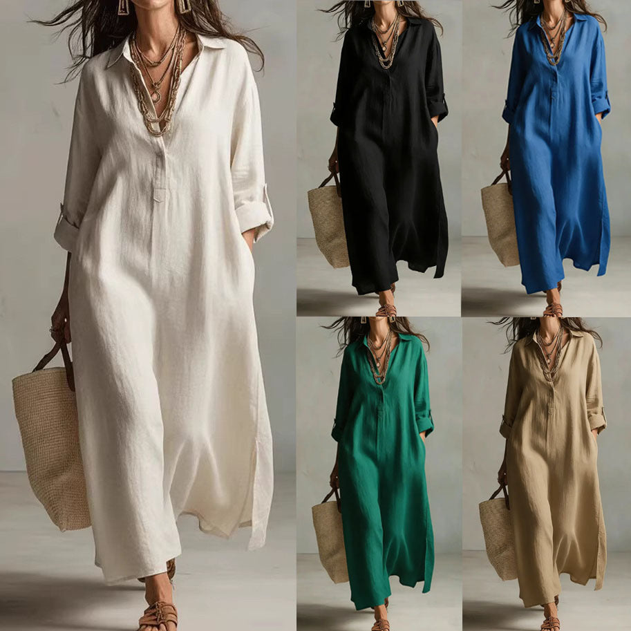 Women's Casual Long-Sleeve Linen Shirt Dress – Relaxed Fit