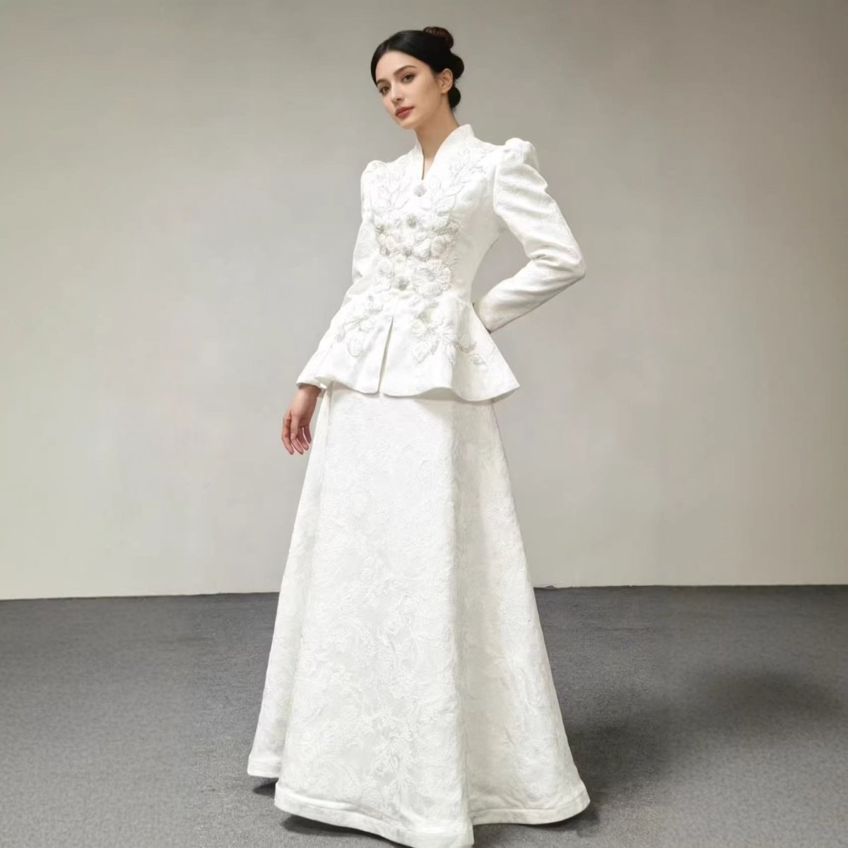 3D Floral Embroidered Peplum Top & Maxi Skirt Set(MS468)