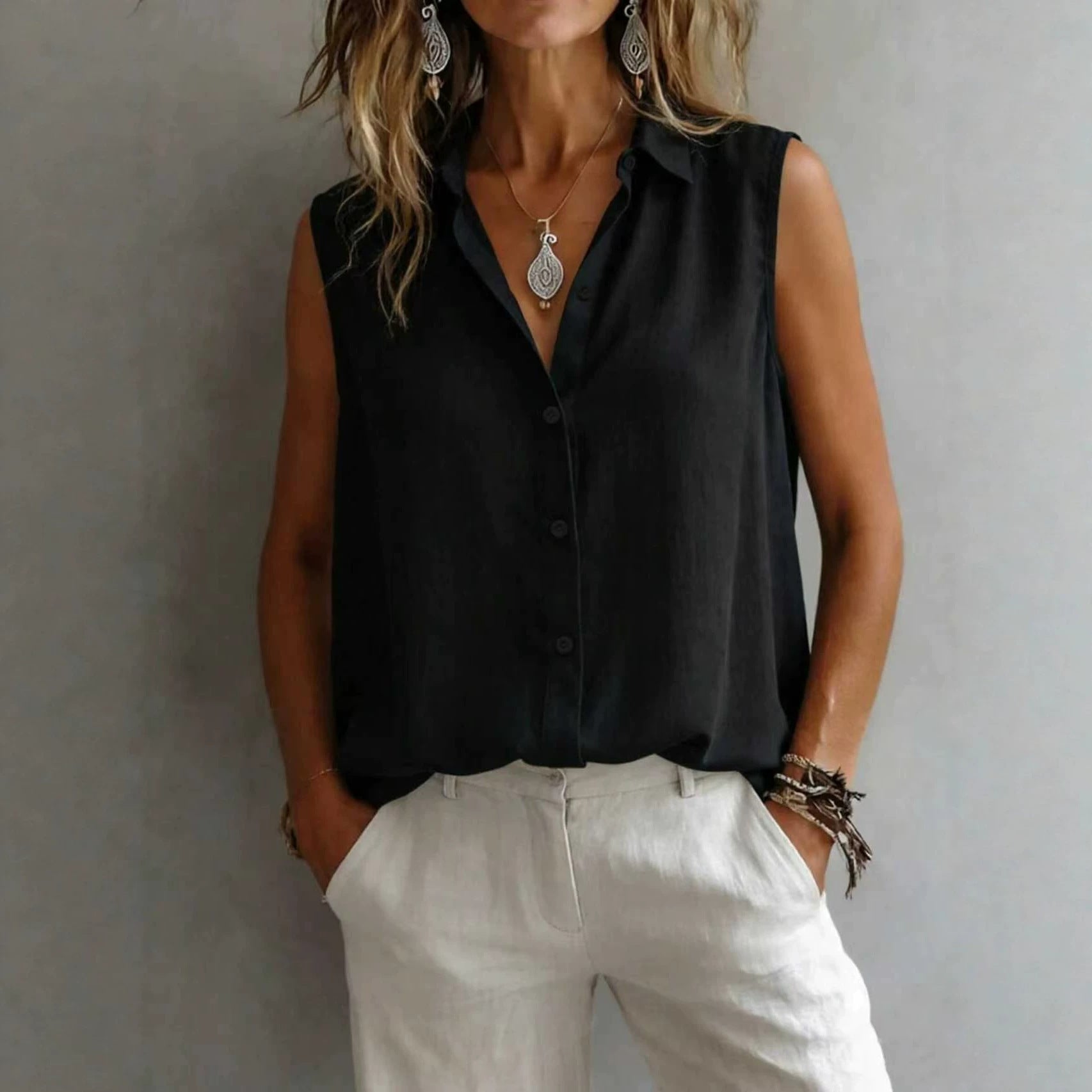 Women's Solid Color Lapel Sleeveless Top
