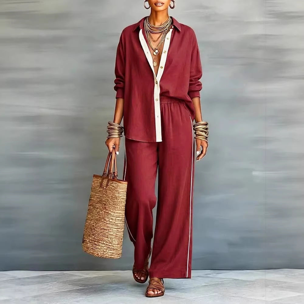Contrast-Color Long-Sleeve Shirt & Pants Set – Two-Piece