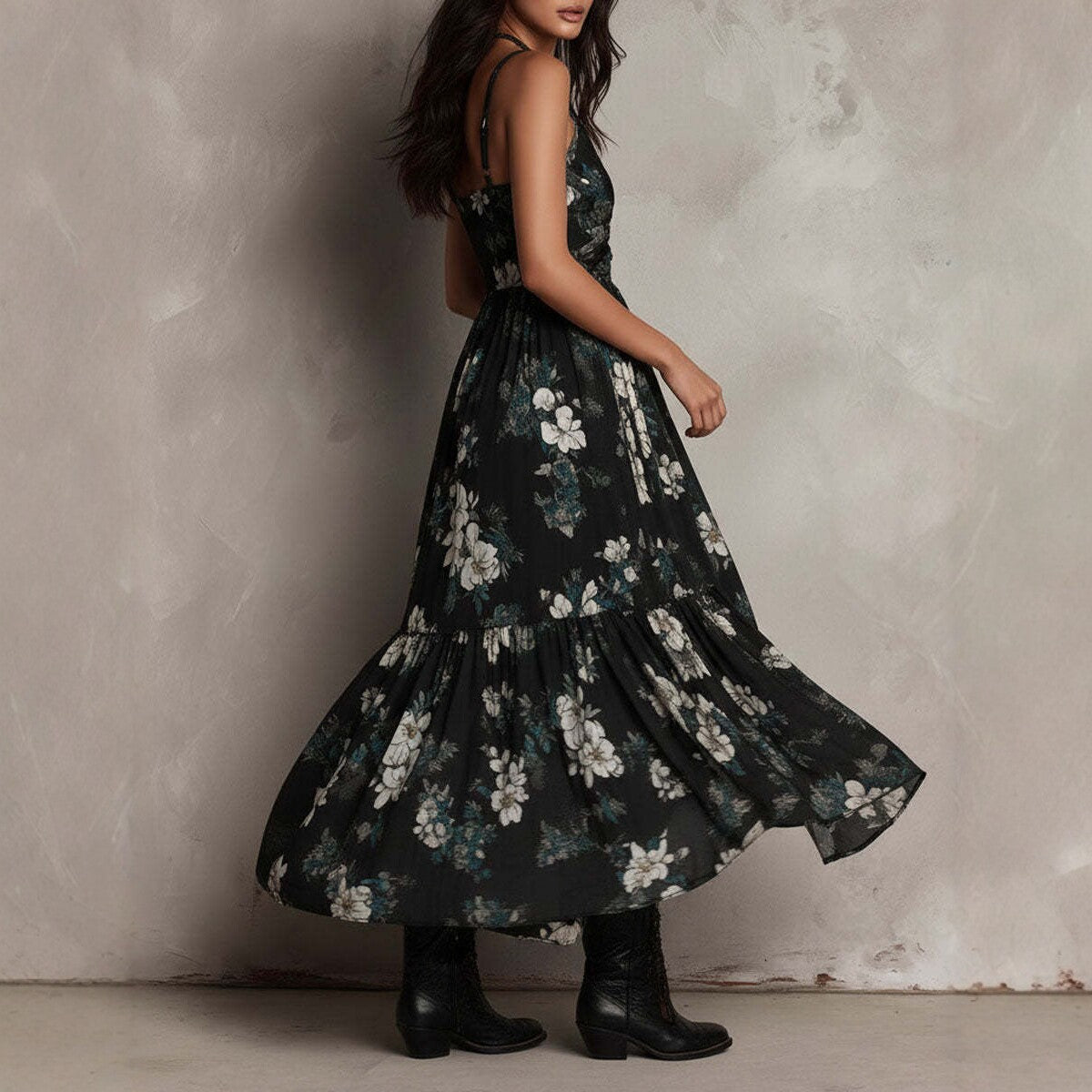 Printed Deep V-Neck Camisole Maxi Dress – High-Waist High-Slit Vacation Dress for Women