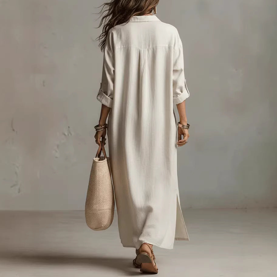 Women's Casual Long-Sleeve Linen Shirt Dress – Relaxed Fit