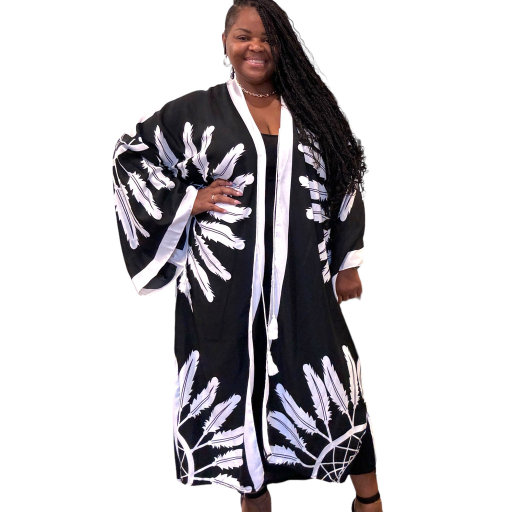 Womens Boho Chic Black Feathered Kimono
