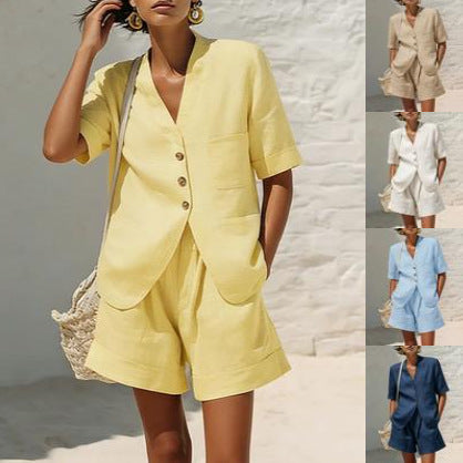 Women's Cotton-Linen Loose-Fit T-Shirt & Cropped Shorts Two-Piece Set