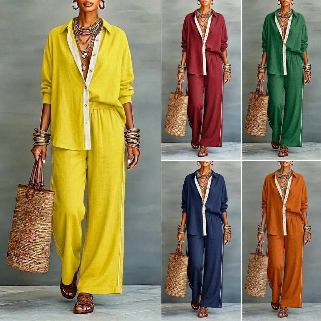 Contrast-Color Long-Sleeve Shirt & Pants Set – Two-Piece