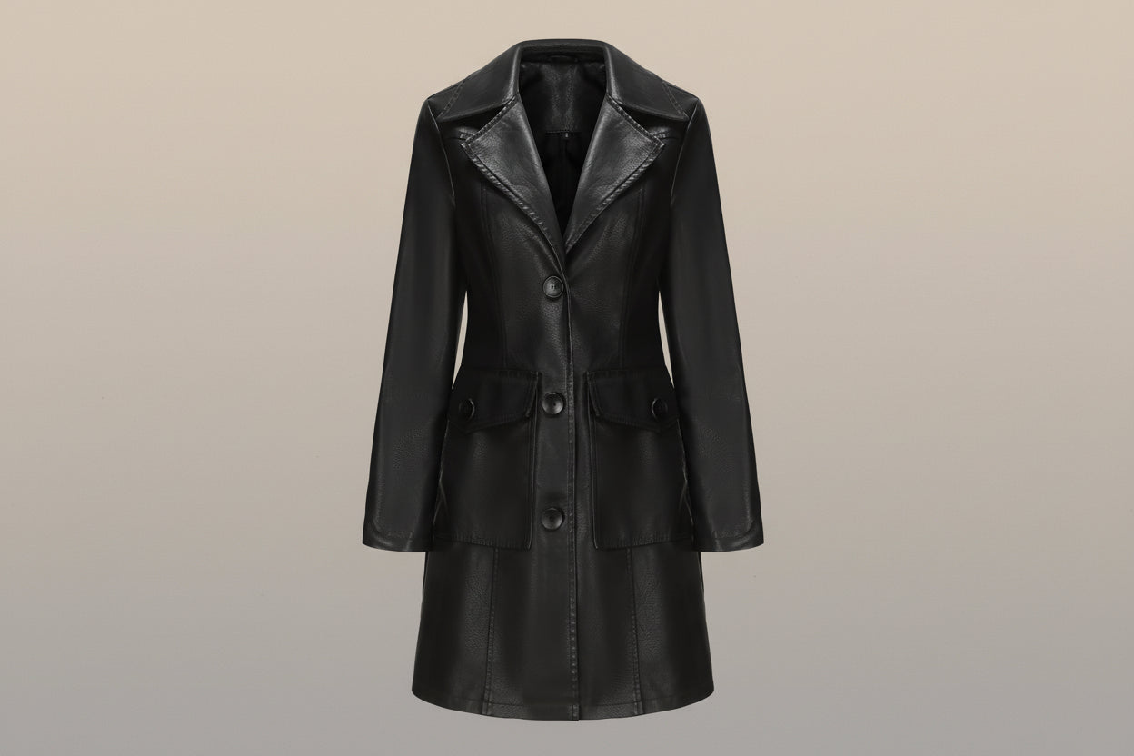 Women’s Long Leather Trench Coat – Fashion Outerwear