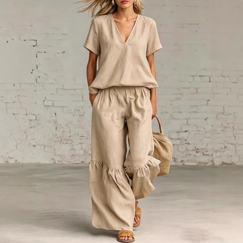 V-Neck Loose Short-Sleeve Top & Pants Set – 7 Colors, S–5XL