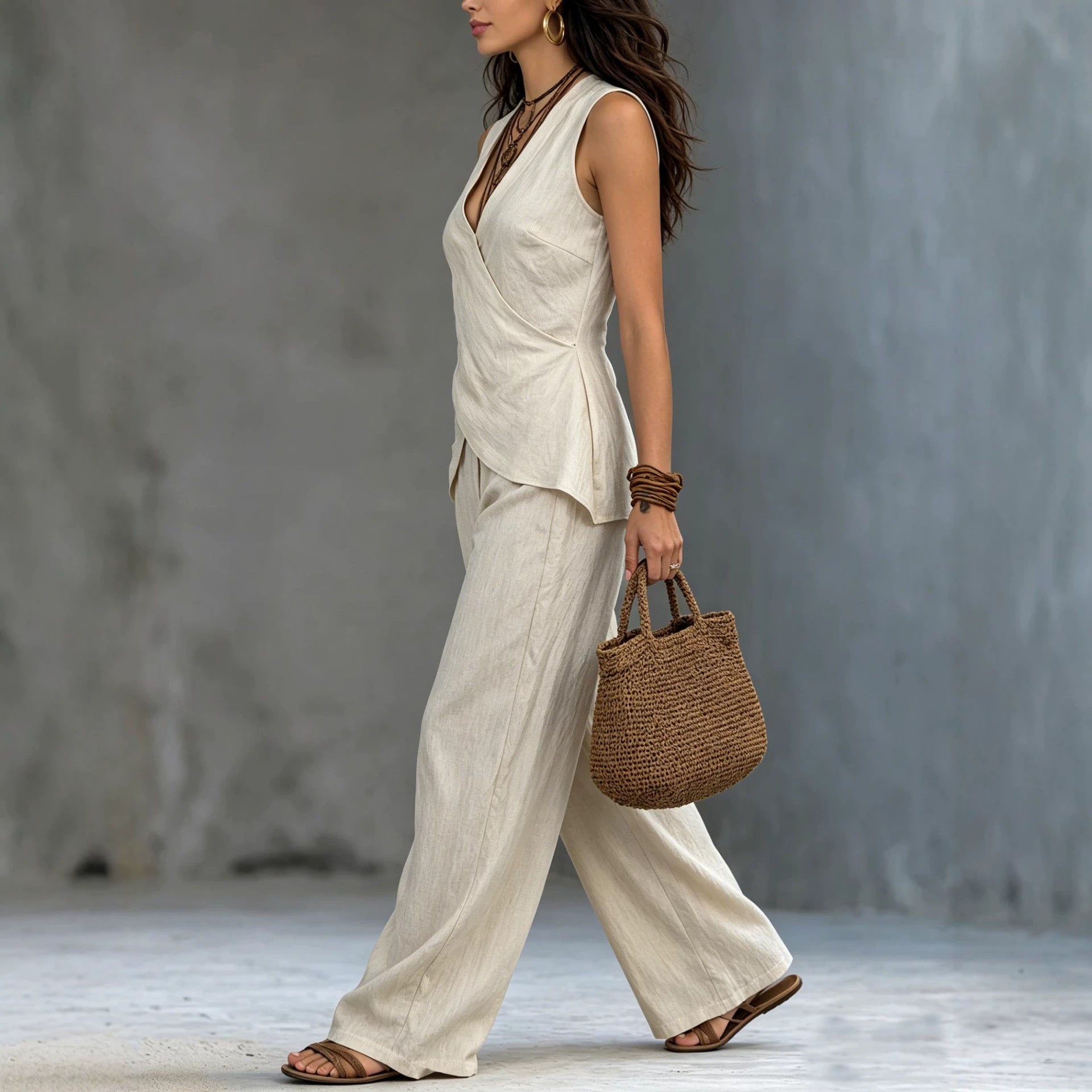 V-Neck Sleeveless Waist-Cinched Top & Wide Leg Pants Two-Piece Set