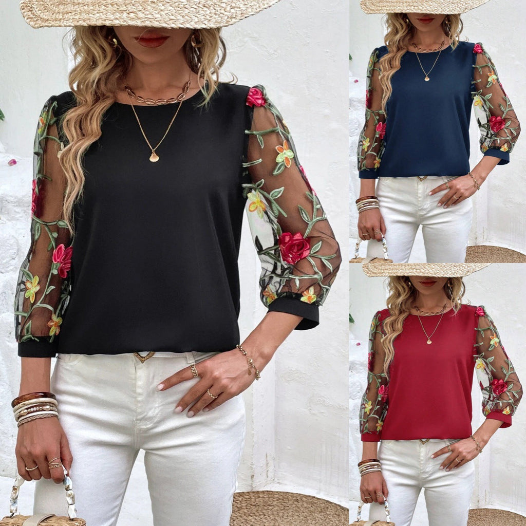 Women's Mesh Patchwork Three-Quarter Sleeve Top – Casual Chic