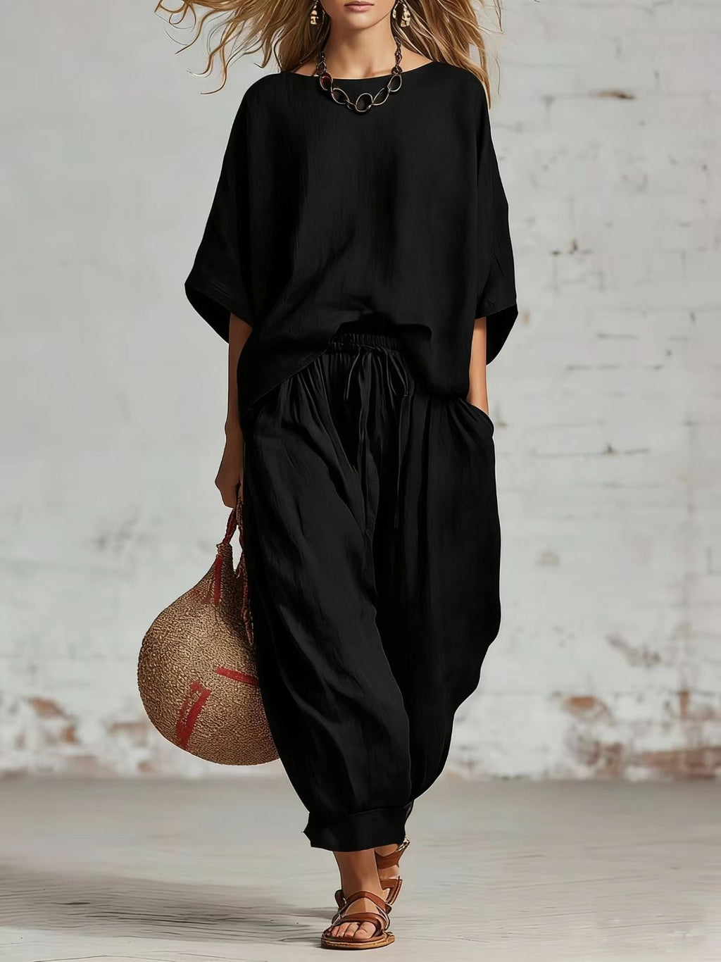 Women's Solid Color Loose Casual Set – T-Shirt & Ankle Pants