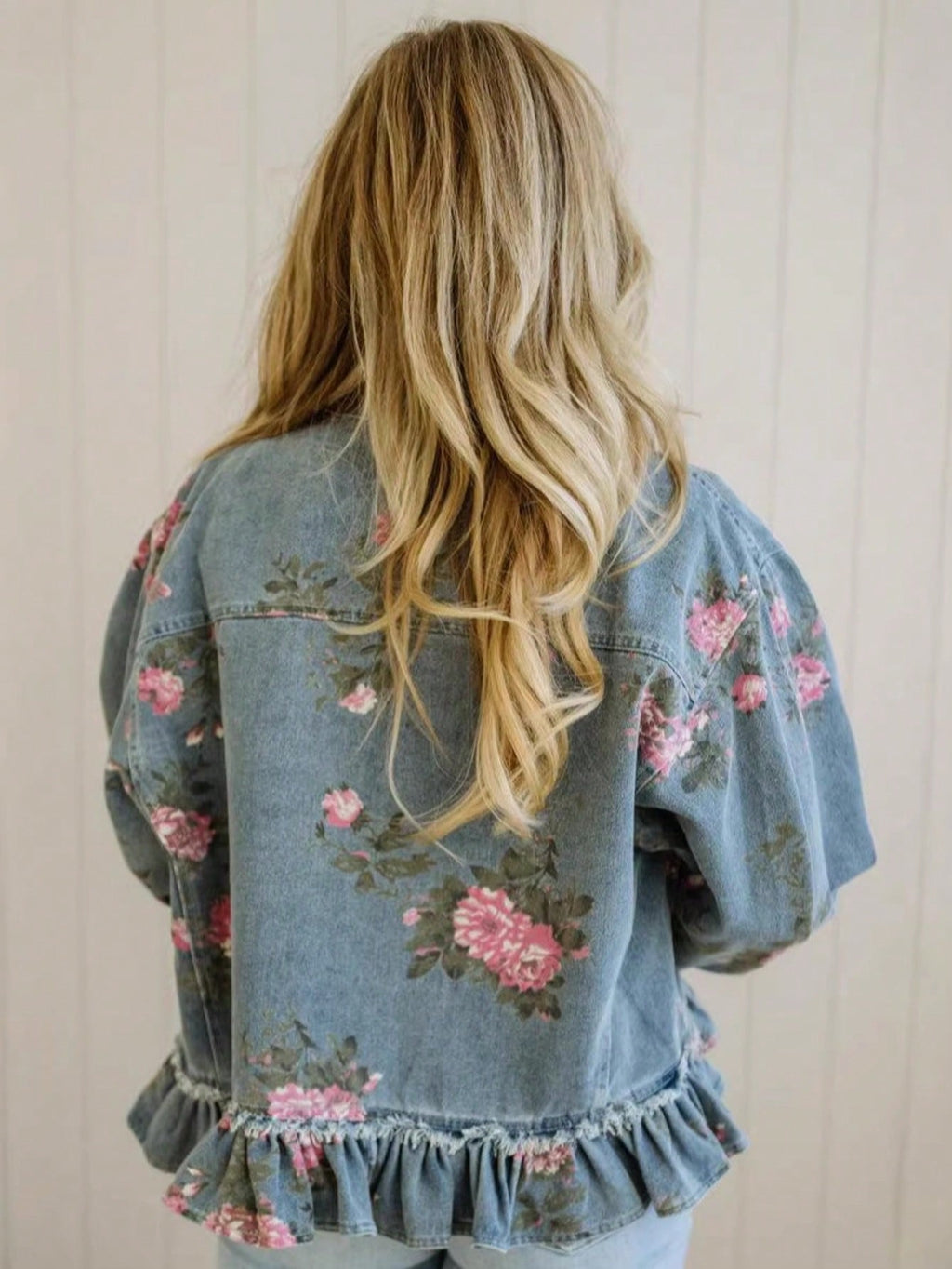 Women's Retro Floral Print Denim Jacket – Long Sleeve Collared Ruffled Hem Short Jacket