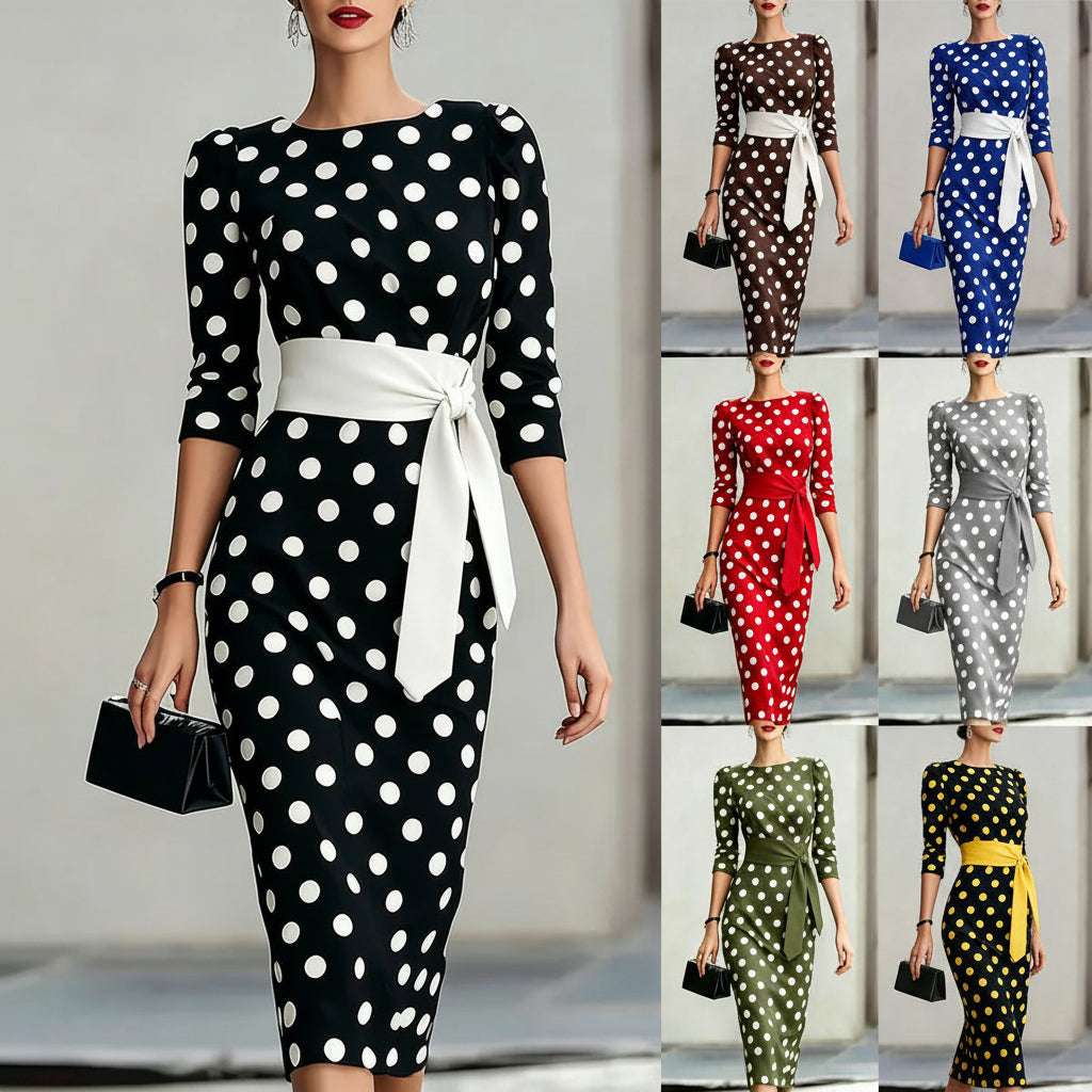 Women's Retro Polka-Dot Bodycon Midi Dress – Belted Cross-Tie