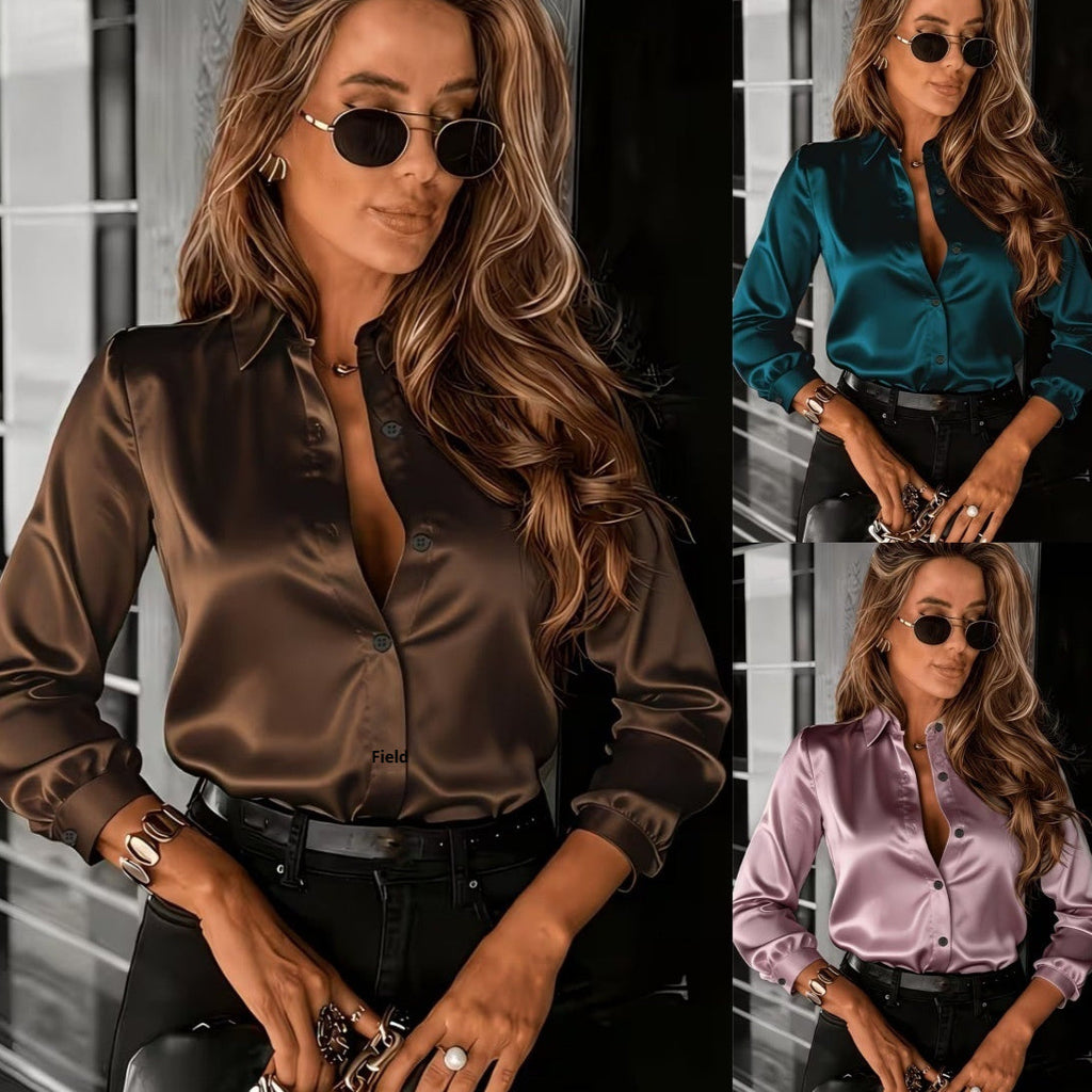 Women's Drapey Satin Lapel Shirt Long Sleeve