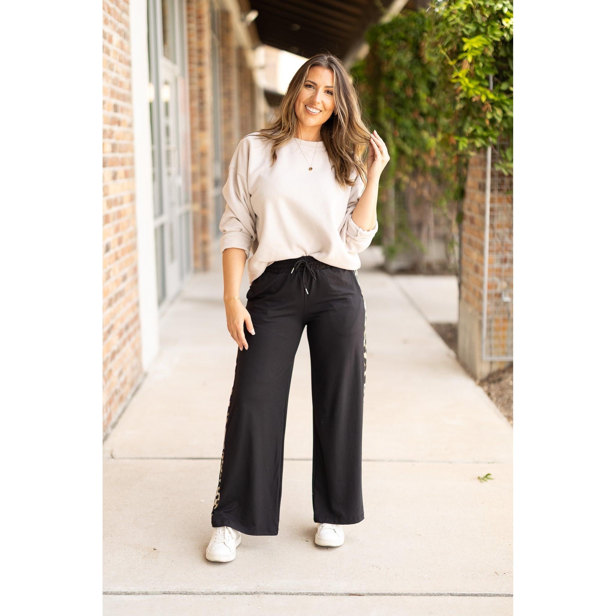 Chelsea - Black Wide Leg with Leopard Panel Loungers