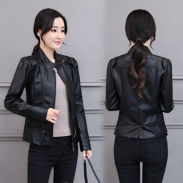 Korean-Style Slim Fit Motorcycle Leather Coat — Stand-Up Collar