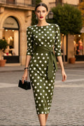 Women's Retro Polka-Dot Bodycon Midi Dress – Belted Cross-Tie