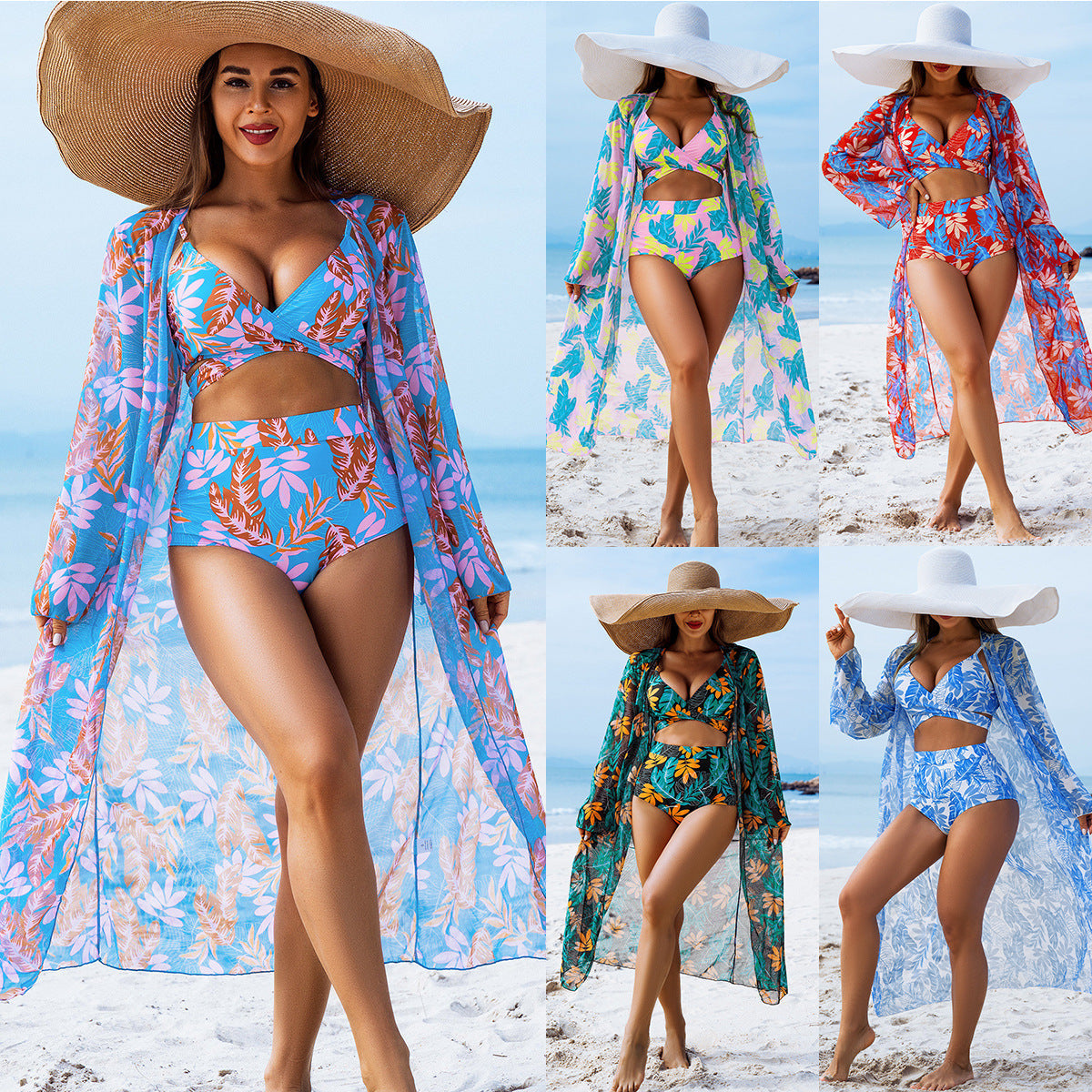 High-End Print Bikini Three-Piece Set – Padded Swimwear for Women