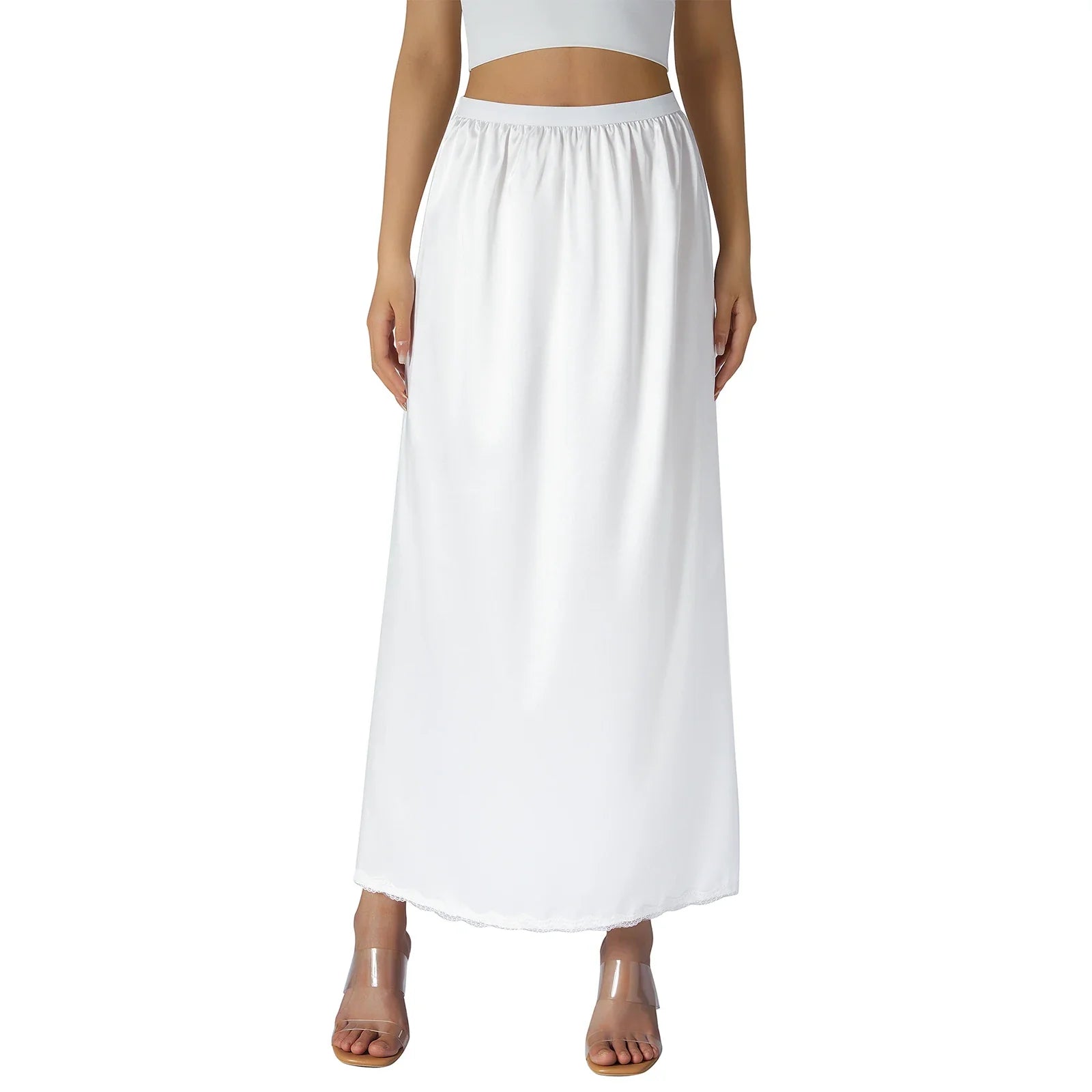 Women's Solid Color Skirts Elastic Waist Satin Underskirt Lace Trim Skirt for Under Dresses Black/White