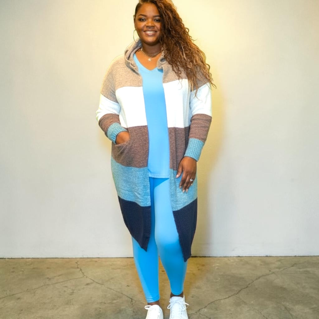 Womens Plus Size LongLine Color Block Cardigan