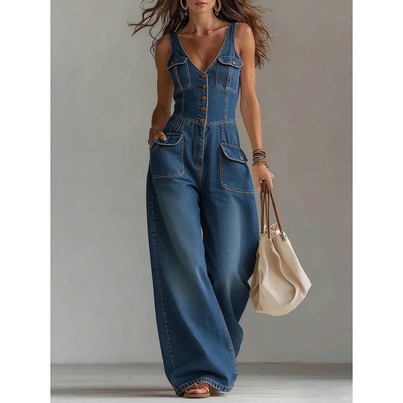 Women's Washed Denim Straight-Leg Loose Sleeveless Strap Jumpsuit with Pockets – 3 Colors