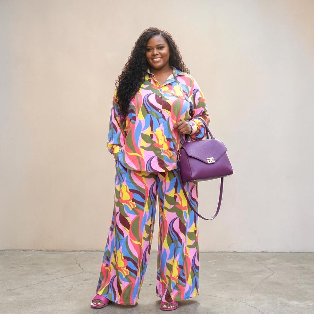 Women's Plus Abstract Print Wide leg Set