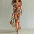 V-Neck Waist-Cinched Ruffle Hem Maxi Dress – Bodycon Long Dress in Orange
