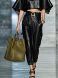 Women's PU Leather Streetwear Pants – Elastic Waist Side Pocket Full Length Trousers