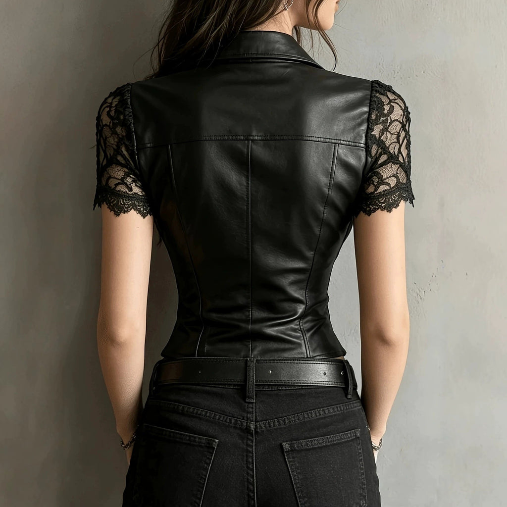 Black PU Leather Button Shirt with Lace Patchwork Cuffs – Gothic Slim Fit Top