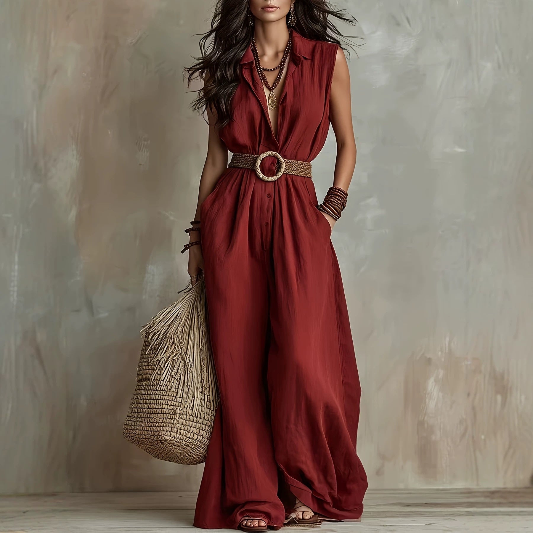 Red Sleeveless Loose Fit Maxi Jumpsuit – Solid Color Long Casual Jumpsuit