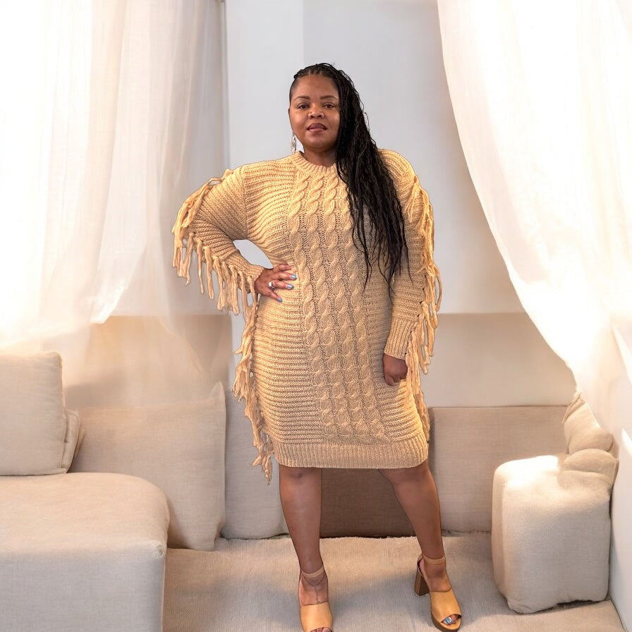 Women’s Perfect Camel Fringe Sweater Dress