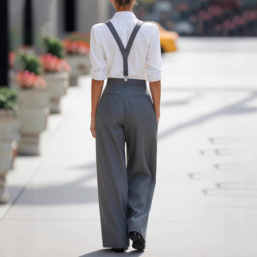 Women's High Waist Wide Leg Pants with Detachable Shoulder Straps & Pockets