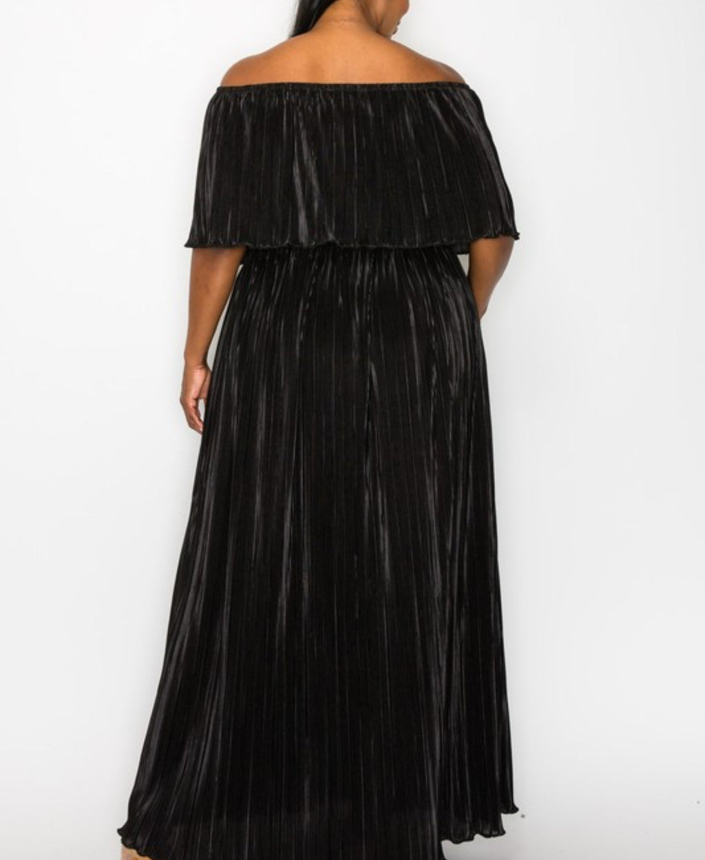 Black Pleated Off The Shoulder Maxi Dress