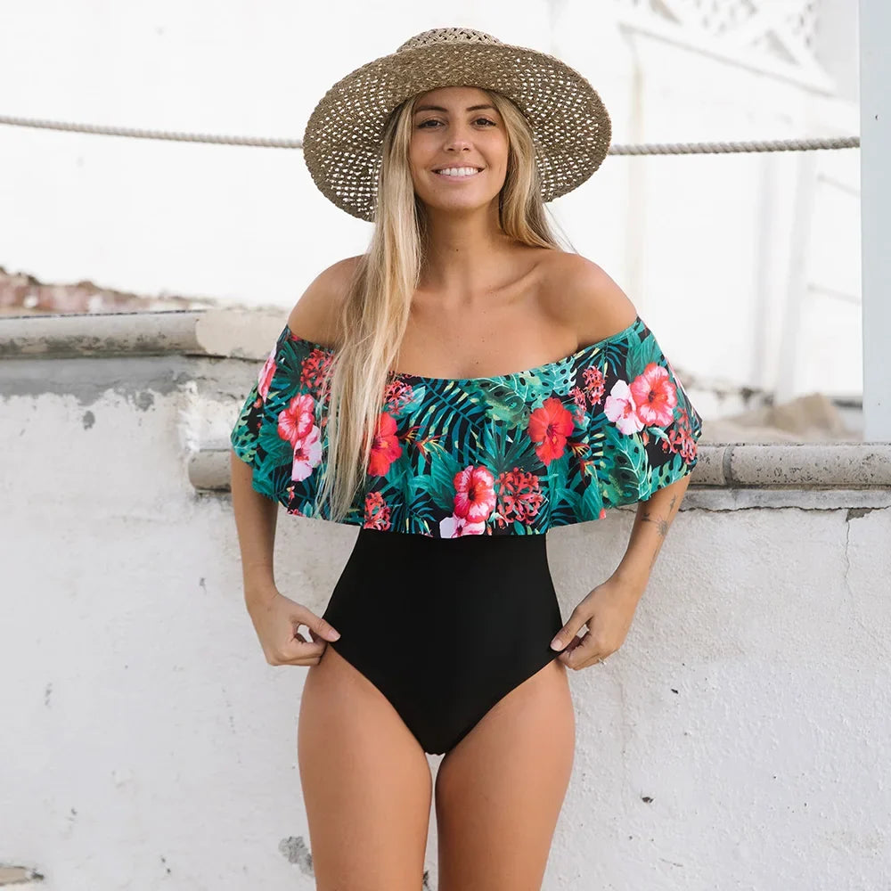 2025 New Sexy Off The Shoulder Solid Swimwear Women One Piece Swimsuit Female Bathing Suit Ruffle Monokini Swim Wear XL