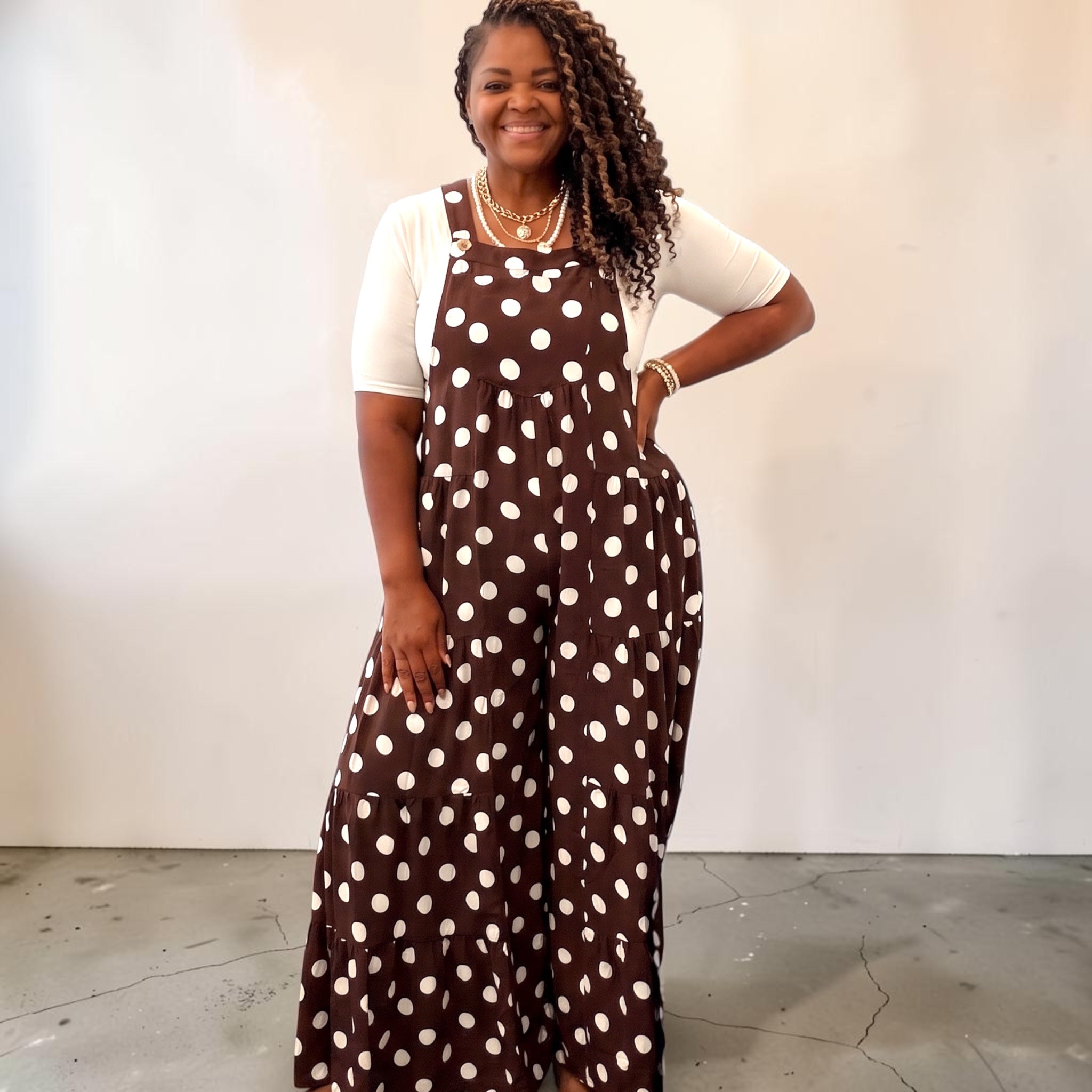 Women’s Stunning Wide Leg Brown Polka Dot Maxi Jumpsuit