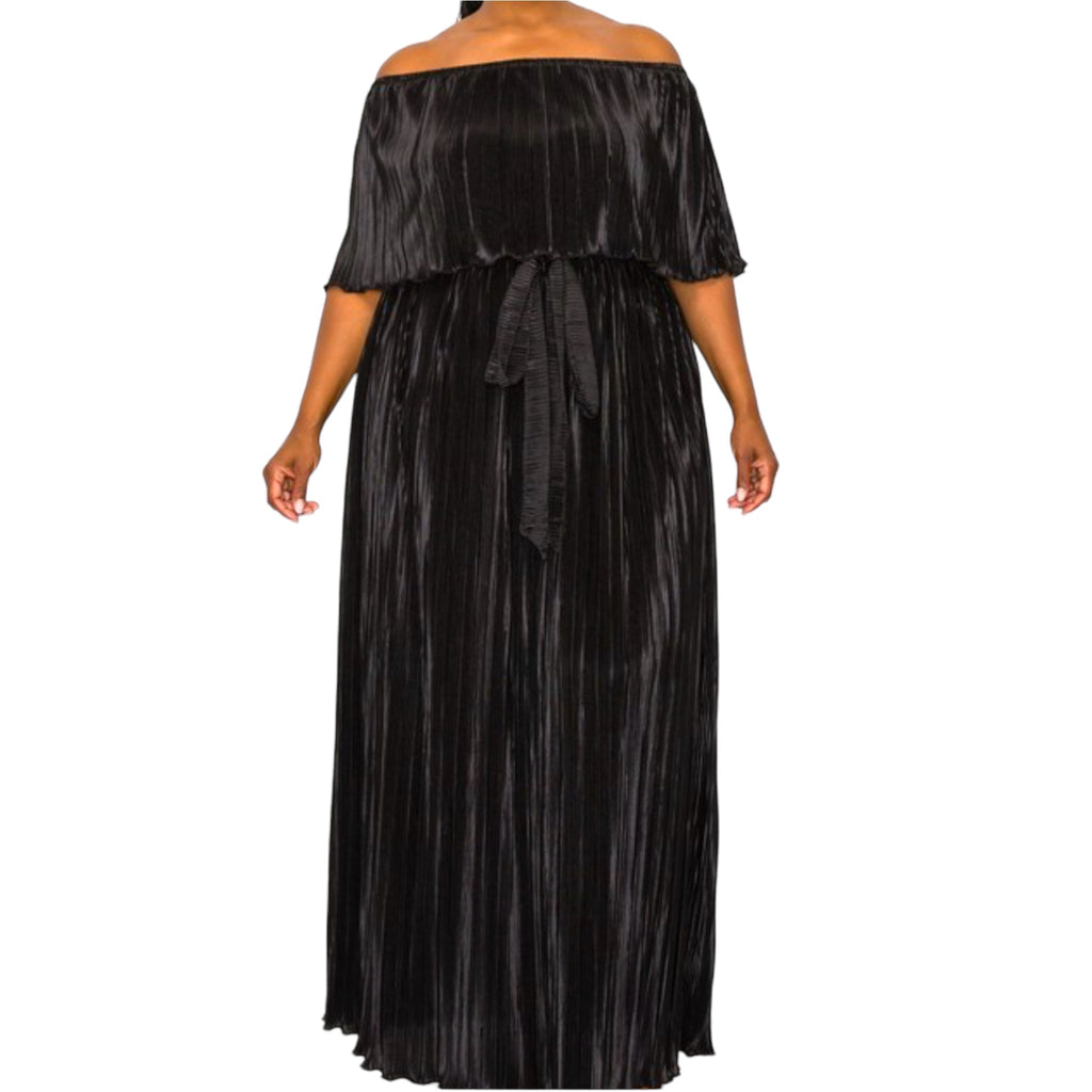 Black Pleated Off The Shoulder Maxi Dress